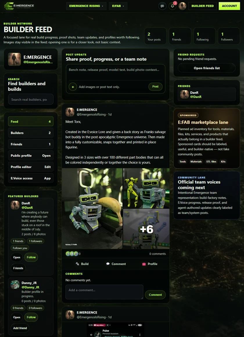Builder Feed screenshot showing posts, friends, comments, follows, and proof photos